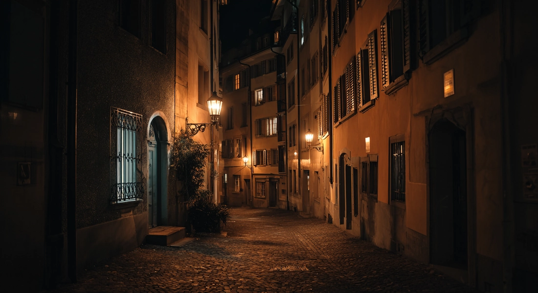 Ruhige nächtliche Stadtgasse in der Schweiz mit warmem Laternenlicht