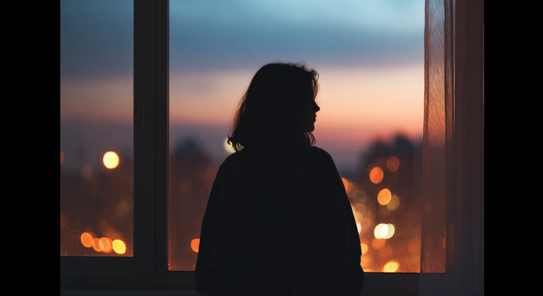 Silhouette einer Person am Fenster mit Blick auf die Stadt