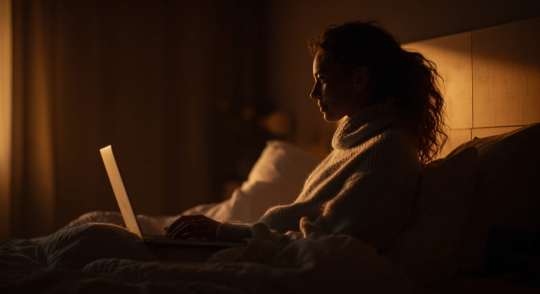 Eine Person schreibt eine Nachricht auf dem Laptop in einer ruhigen Wohnumgebung