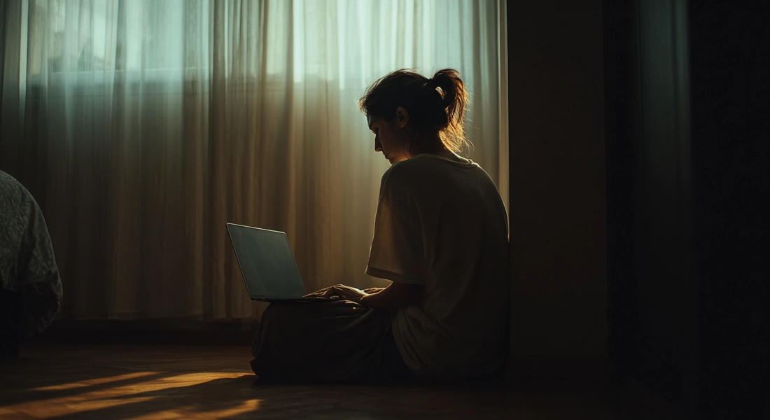 Person sitzt entspannt mit Laptop in einem minimalistischen Raum