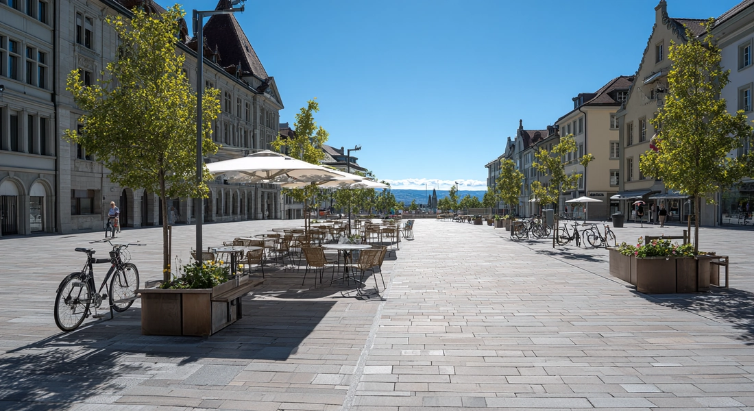 Öffentlicher Treffpunkt in einer Schweizer Stadt